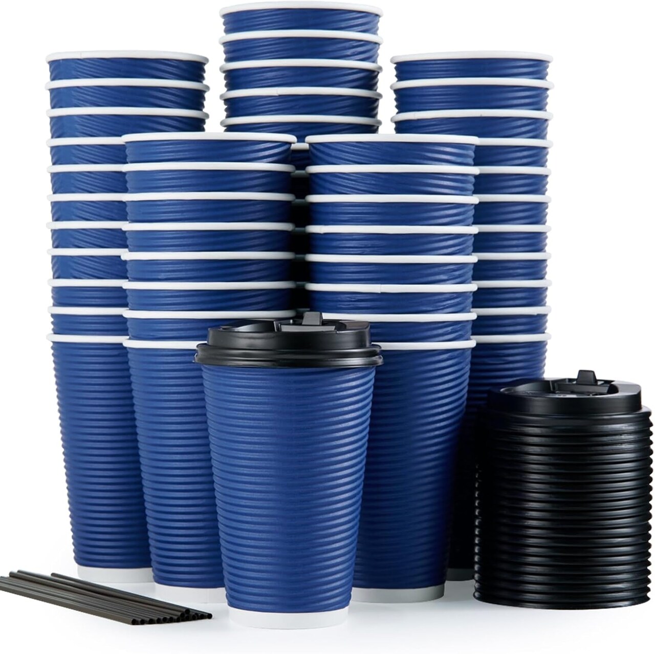80 Pack Insulated Ripple Wall 16 oz Disposable Paper Cups, Three Layer Insulated Hot Paper Coffee Cups with Lid and Straws for Parties, Picnics, and Travel